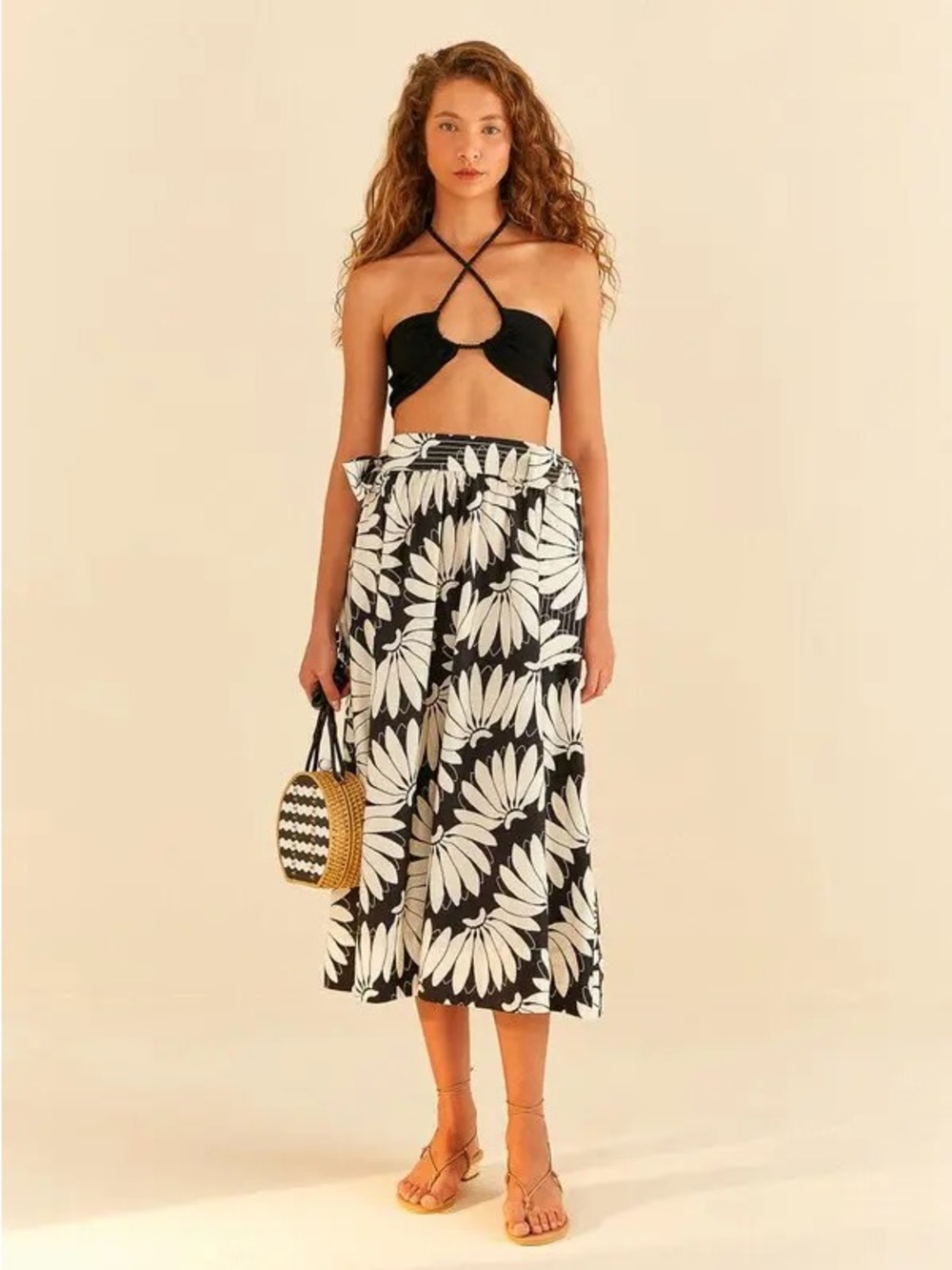 FARM RIO Copacabana Black and White Floral Tie-Waist Midi Skirt XS